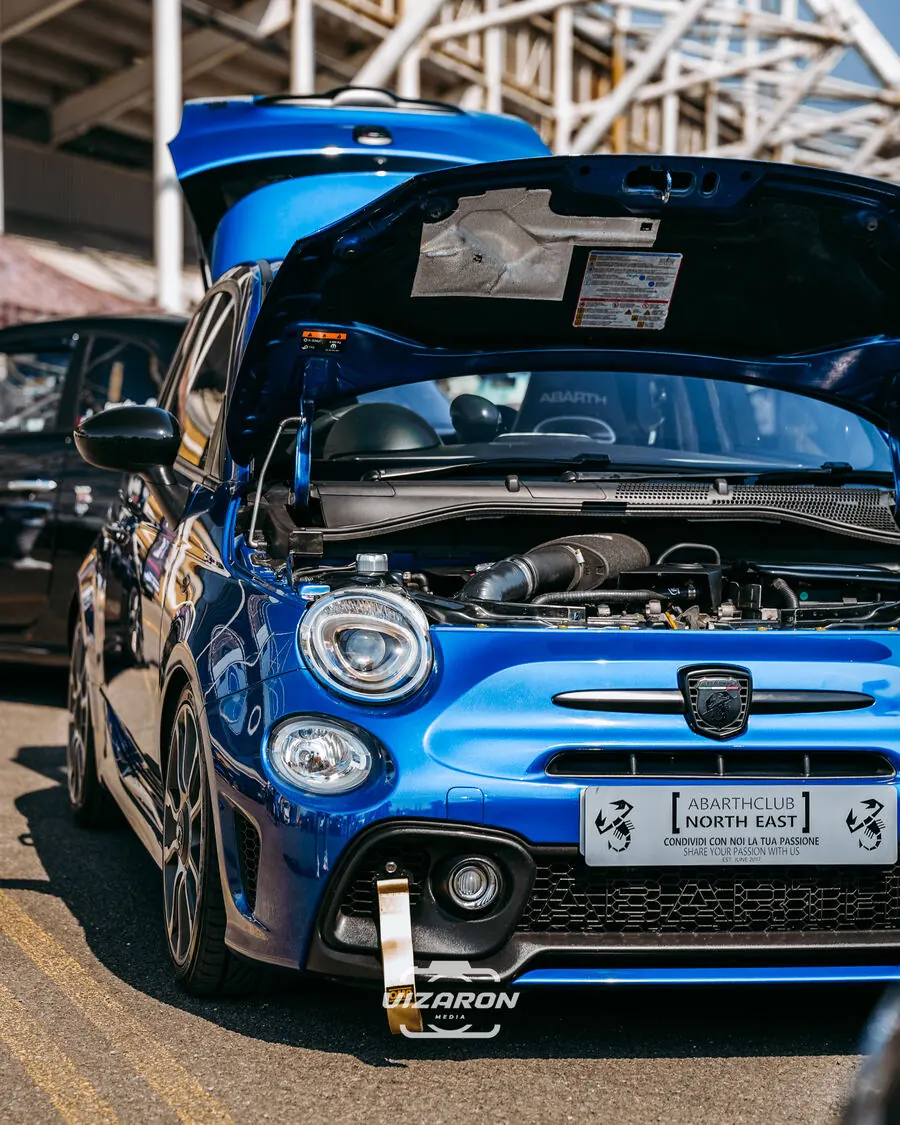 Blue Abarth with bonnet open